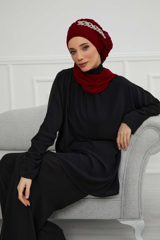 Yandan Fırfırlı Taş Aksesuarlı Şifon Hazır Türban,HT-100,HT-100 Bordo - 3
