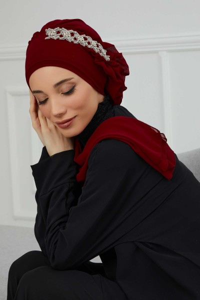 Chiffon Ready-made Scarf with Side Frills and Stone Accessories, HT-100, HT-100 Claret Red - Thumbnail