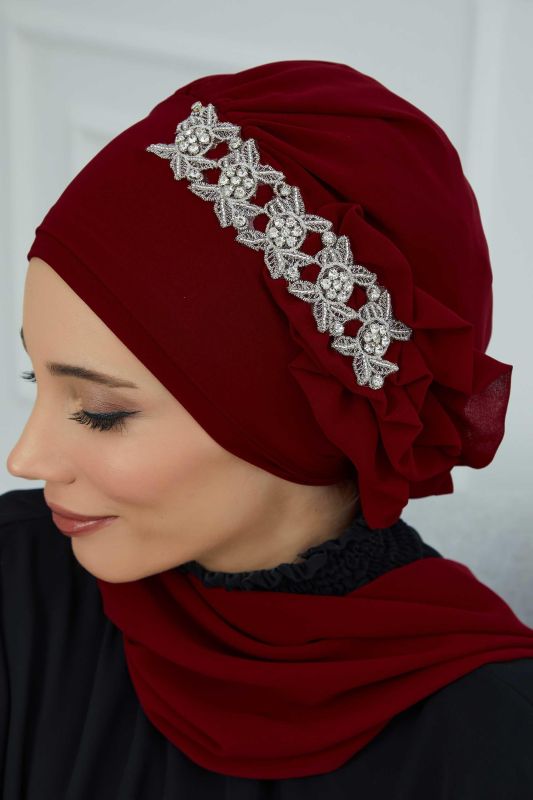 Yandan Fırfırlı Taş Aksesuarlı Şifon Hazır Türban,HT-100,HT-100 Bordo - 5