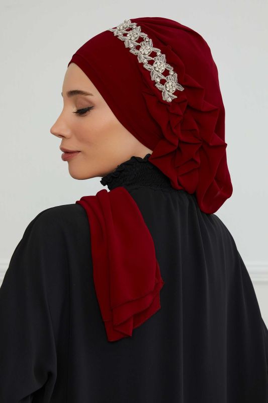 Yandan Fırfırlı Taş Aksesuarlı Şifon Hazır Türban,HT-100,HT-100 Bordo - 7