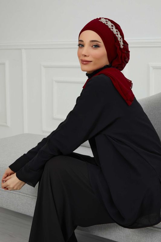 Yandan Fırfırlı Taş Aksesuarlı Şifon Hazır Türban,HT-100,HT-100 Bordo - 8