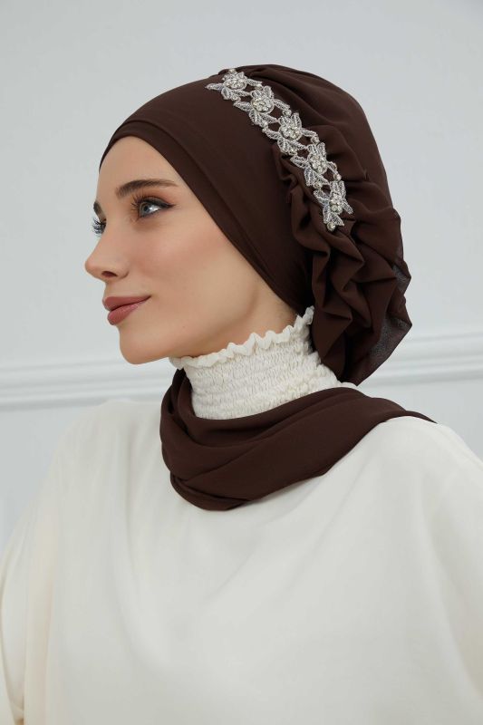 Yandan Fırfırlı Taş Aksesuarlı Şifon Hazır Türban,HT-100,HT-100 Kahverengi - 3