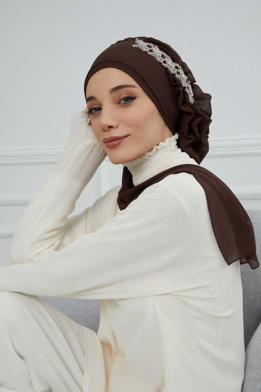 Yandan Fırfırlı Taş Aksesuarlı Şifon Hazır Türban,HT-100,HT-100 Kahverengi - 4