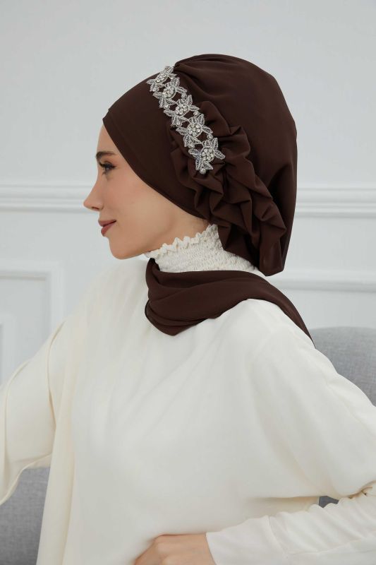 Yandan Fırfırlı Taş Aksesuarlı Şifon Hazır Türban,HT-100,HT-100 Kahverengi - 5