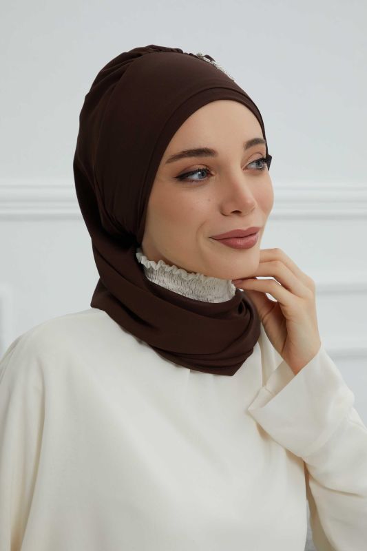 Yandan Fırfırlı Taş Aksesuarlı Şifon Hazır Türban,HT-100,HT-100 Kahverengi - 6