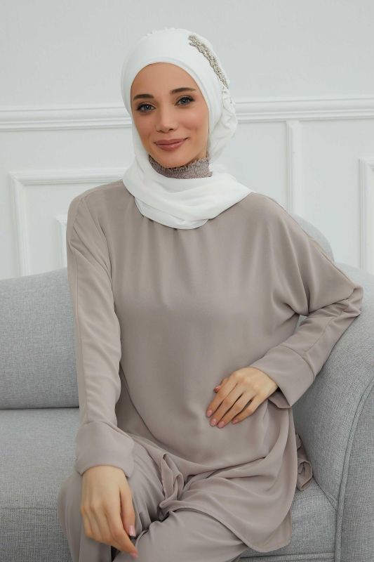 Yandan Fırfırlı Taş Aksesuarlı Şifon Hazır Türban,HT-100,HT-100 Kırık Beyaz - 2