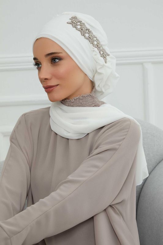 Yandan Fırfırlı Taş Aksesuarlı Şifon Hazır Türban,HT-100,HT-100 Kırık Beyaz - 3