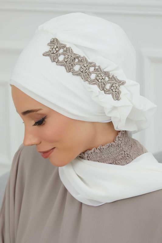 Yandan Fırfırlı Taş Aksesuarlı Şifon Hazır Türban,HT-100,HT-100 Kırık Beyaz - 6