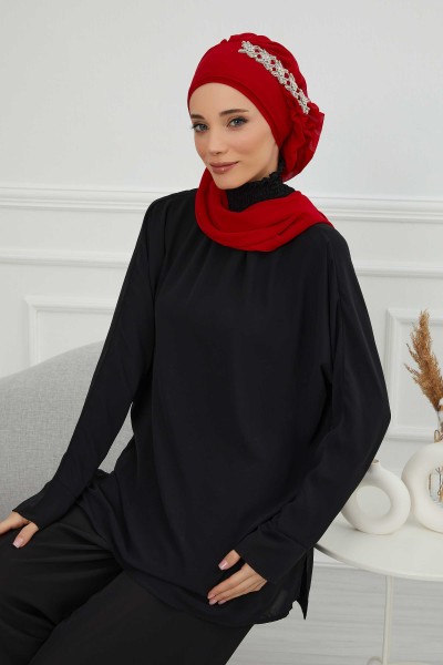 Chiffon Ready-made Scarf with Side Frills and Stone Accessories, HT-100, HT-100 Red - Thumbnail