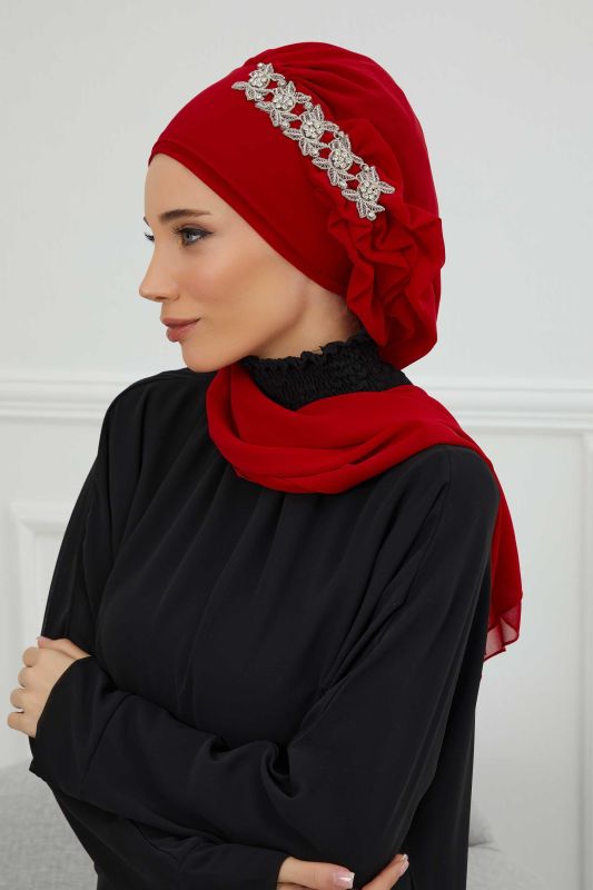 Yandan Fırfırlı Taş Aksesuarlı Şifon Hazır Türban,HT-100,HT-100 Kırmızı - 4