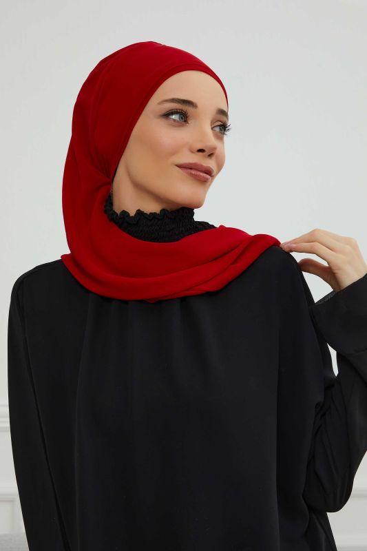 Yandan Fırfırlı Taş Aksesuarlı Şifon Hazır Türban,HT-100,HT-100 Kırmızı - 5