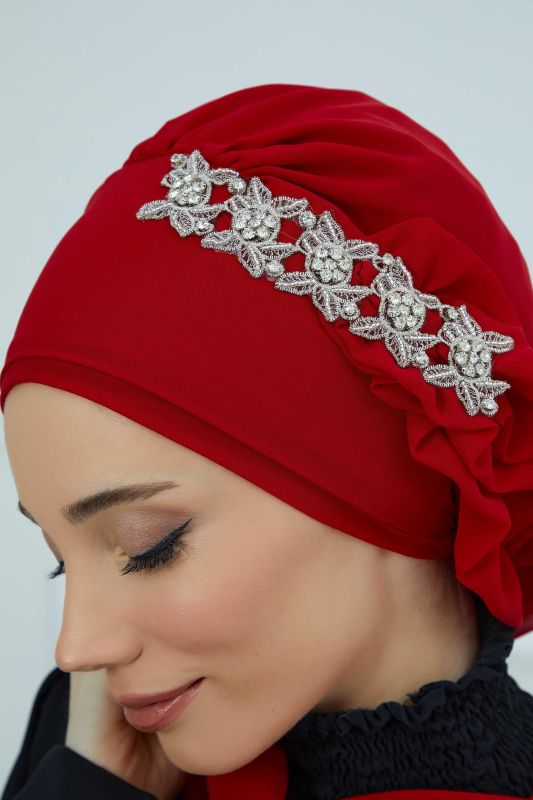 Yandan Fırfırlı Taş Aksesuarlı Şifon Hazır Türban,HT-100,HT-100 Kırmızı - 6