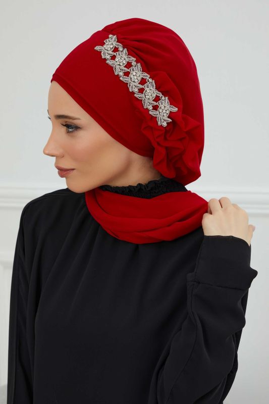 Yandan Fırfırlı Taş Aksesuarlı Şifon Hazır Türban,HT-100,HT-100 Kırmızı - 7
