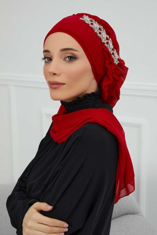 Yandan Fırfırlı Taş Aksesuarlı Şifon Hazır Türban,HT-100,HT-100 Kırmızı - 8