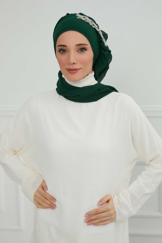 Yandan Fırfırlı Taş Aksesuarlı Şifon Hazır Türban,HT-100,HT-100 Koyu Yeşil - 1