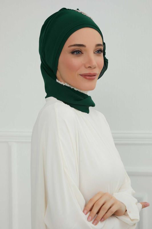 Yandan Fırfırlı Taş Aksesuarlı Şifon Hazır Türban,HT-100,HT-100 Koyu Yeşil - 4