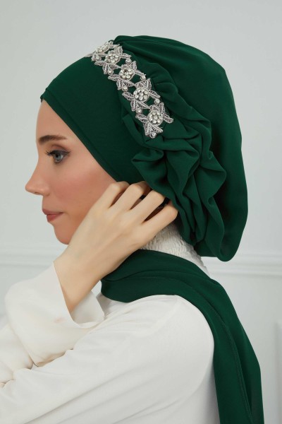 Chiffon Ready-made Scarf with Side Frills and Stone Accessories,HT-100,HT-100 Dark Green - Thumbnail