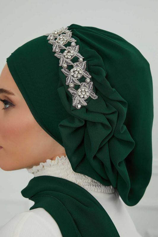 Yandan Fırfırlı Taş Aksesuarlı Şifon Hazır Türban,HT-100,HT-100 Koyu Yeşil - 7