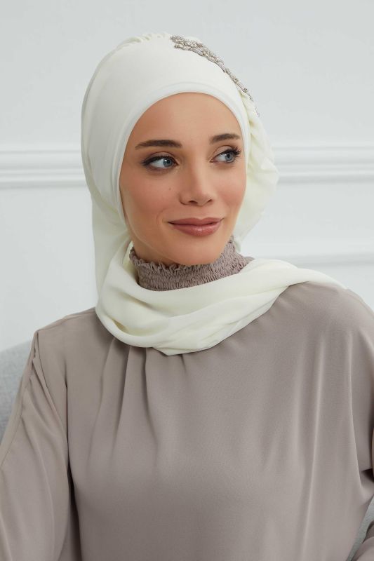 Yandan Fırfırlı Taş Aksesuarlı Şifon Hazır Türban,HT-100,HT-100 Krem - 4