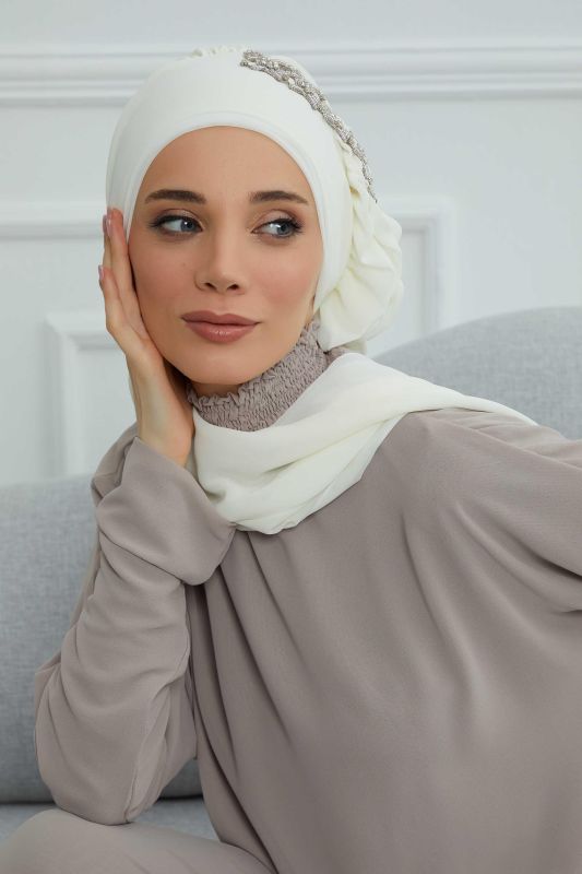 Yandan Fırfırlı Taş Aksesuarlı Şifon Hazır Türban,HT-100,HT-100 Krem - 6