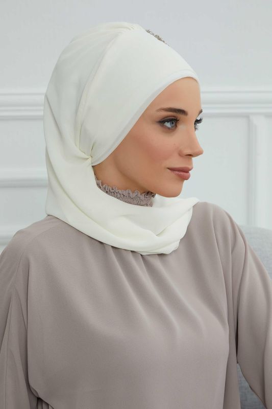 Yandan Fırfırlı Taş Aksesuarlı Şifon Hazır Türban,HT-100,HT-100 Krem - 7