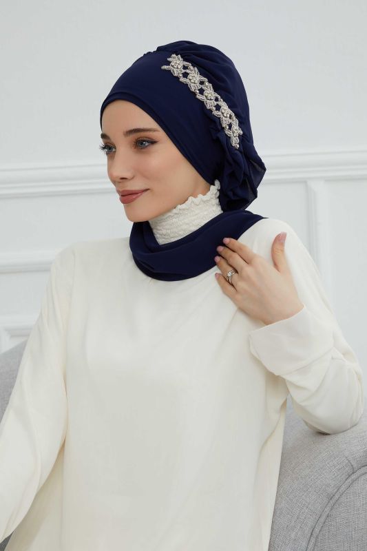 Yandan Fırfırlı Taş Aksesuarlı Şifon Hazır Türban,HT-100,HT-100 Lacivert - 1