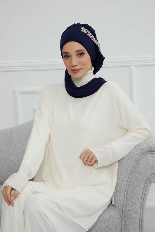 Yandan Fırfırlı Taş Aksesuarlı Şifon Hazır Türban,HT-100,HT-100 Lacivert - 2