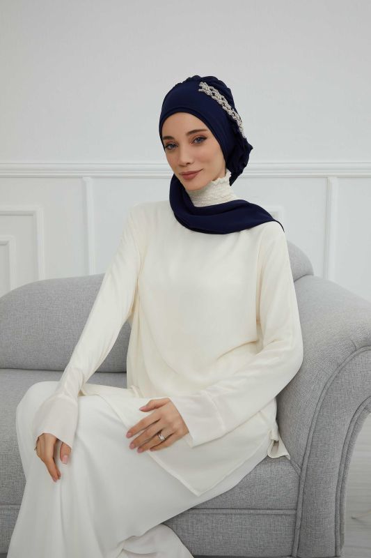 Yandan Fırfırlı Taş Aksesuarlı Şifon Hazır Türban,HT-100,HT-100 Lacivert - 3