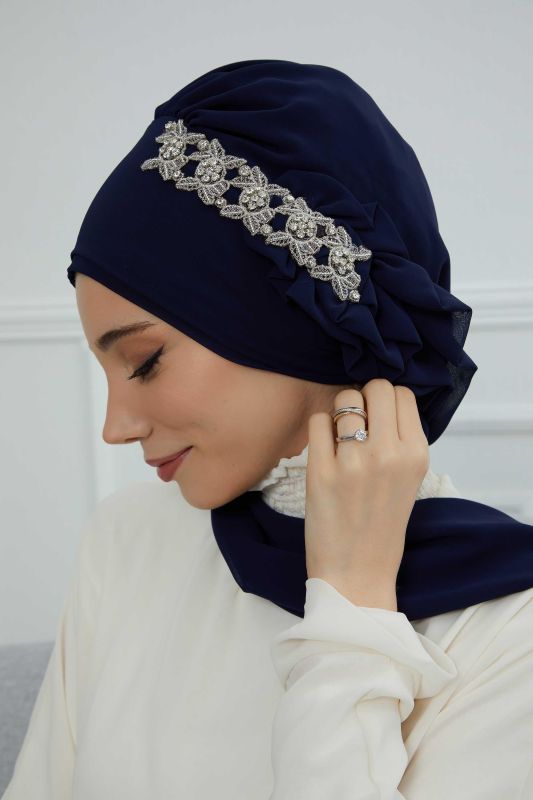 Yandan Fırfırlı Taş Aksesuarlı Şifon Hazır Türban,HT-100,HT-100 Lacivert - 4