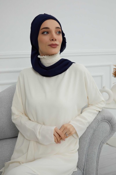 Chiffon Ready-made Scarf with Side Frills and Stone Accessories, HT-100, HT-100 Navy Blue - Thumbnail