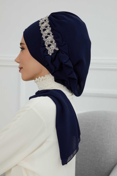Chiffon Ready-made Scarf with Side Frills and Stone Accessories, HT-100, HT-100 Navy Blue - Thumbnail