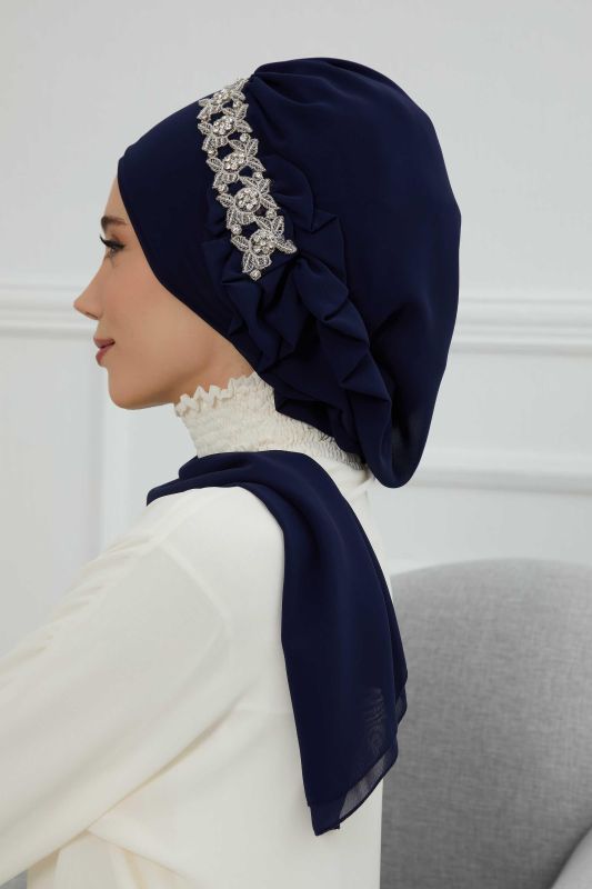 Yandan Fırfırlı Taş Aksesuarlı Şifon Hazır Türban,HT-100,HT-100 Lacivert - 6