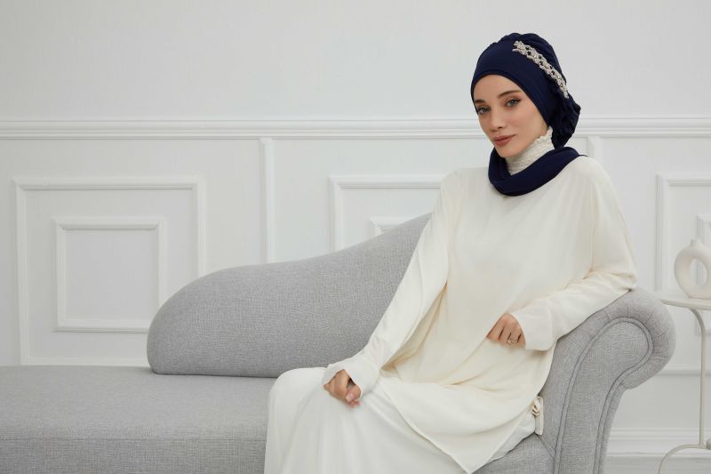 Yandan Fırfırlı Taş Aksesuarlı Şifon Hazır Türban,HT-100,HT-100 Lacivert - 7
