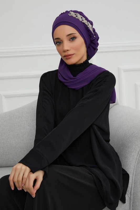 Yandan Fırfırlı Taş Aksesuarlı Şifon Hazır Türban,HT-100,HT-100 Mor - 1