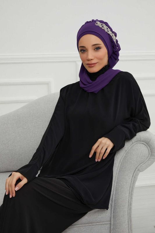 Yandan Fırfırlı Taş Aksesuarlı Şifon Hazır Türban,HT-100,HT-100 Mor - 2