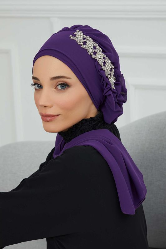 Yandan Fırfırlı Taş Aksesuarlı Şifon Hazır Türban,HT-100,HT-100 Mor - 3