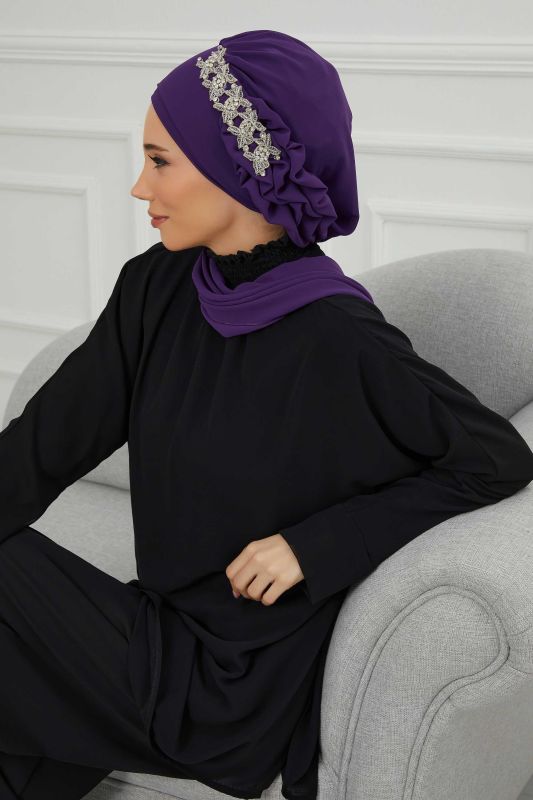 Yandan Fırfırlı Taş Aksesuarlı Şifon Hazır Türban,HT-100,HT-100 Mor - 4