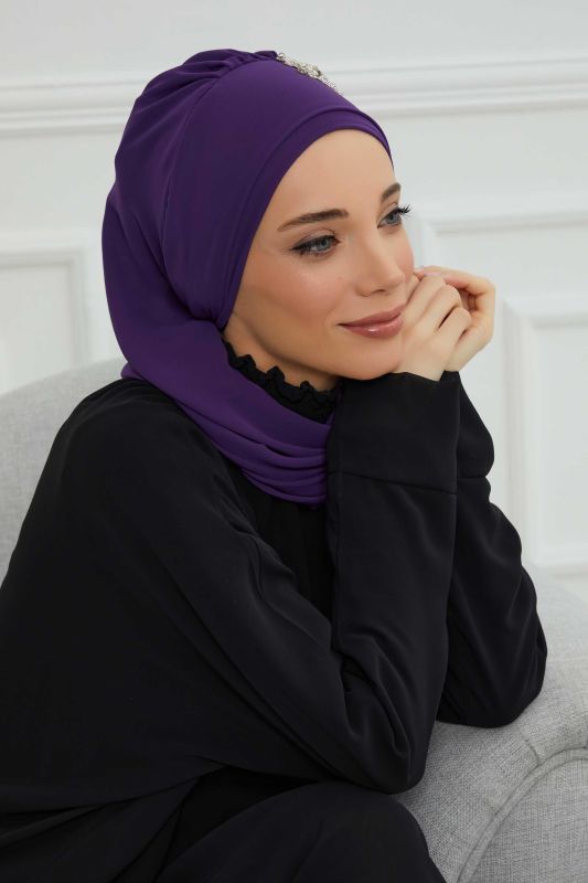 Yandan Fırfırlı Taş Aksesuarlı Şifon Hazır Türban,HT-100,HT-100 Mor - 5