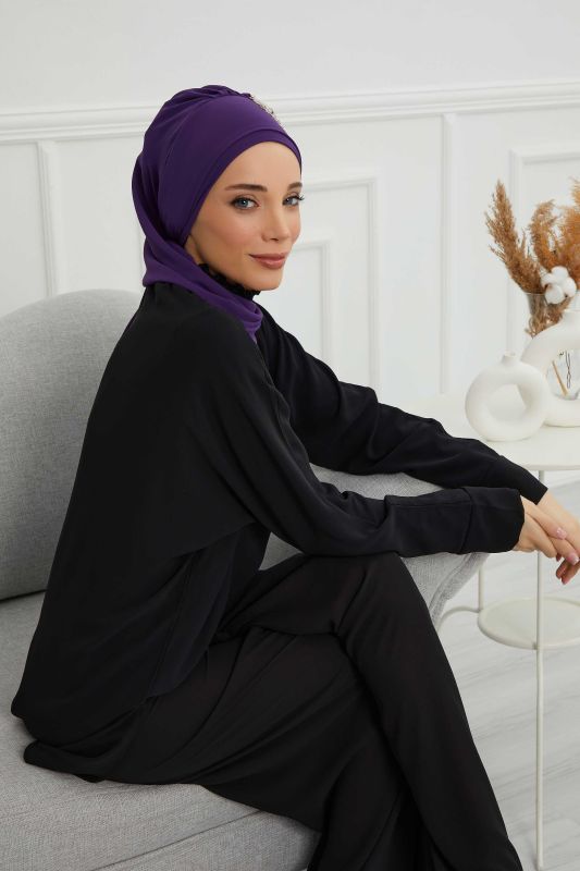 Yandan Fırfırlı Taş Aksesuarlı Şifon Hazır Türban,HT-100,HT-100 Mor - 6