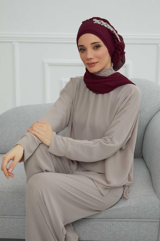 Yandan Fırfırlı Taş Aksesuarlı Şifon Hazır Türban,HT-100,HT-100 Mürdüm - 1
