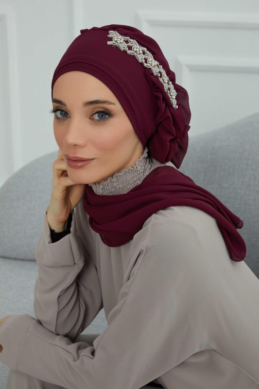 Yandan Fırfırlı Taş Aksesuarlı Şifon Hazır Türban,HT-100,HT-100 Mürdüm - 2
