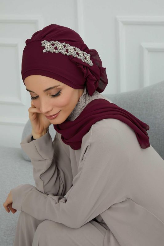 Yandan Fırfırlı Taş Aksesuarlı Şifon Hazır Türban,HT-100,HT-100 Mürdüm - 3