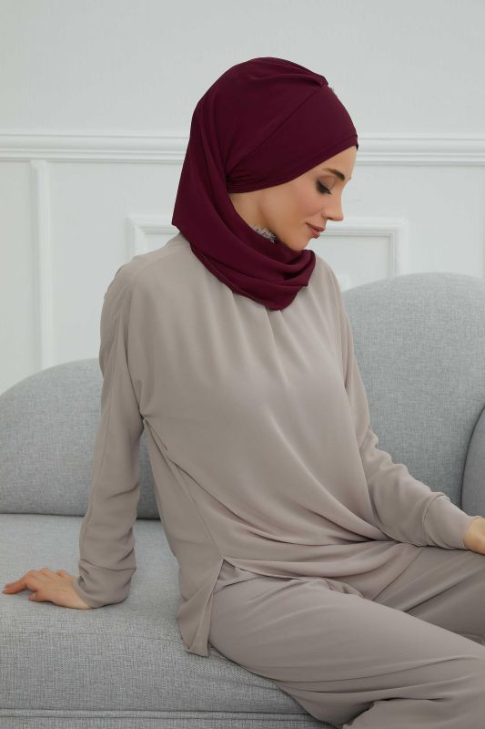 Yandan Fırfırlı Taş Aksesuarlı Şifon Hazır Türban,HT-100,HT-100 Mürdüm - 4