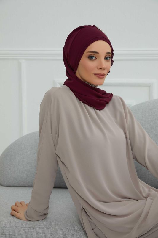 Yandan Fırfırlı Taş Aksesuarlı Şifon Hazır Türban,HT-100,HT-100 Mürdüm - 5