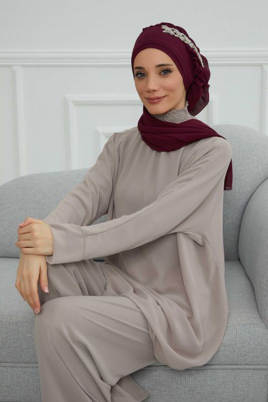 Yandan Fırfırlı Taş Aksesuarlı Şifon Hazır Türban,HT-100,HT-100 Mürdüm - 7
