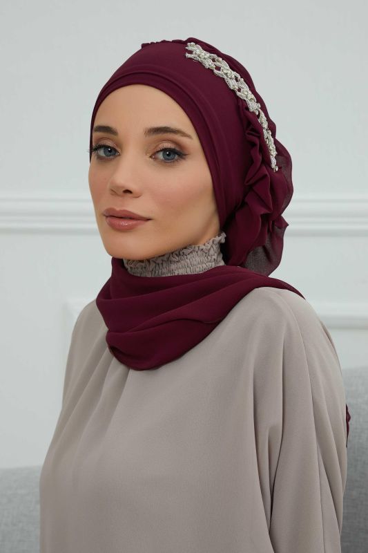 Yandan Fırfırlı Taş Aksesuarlı Şifon Hazır Türban,HT-100,HT-100 Mürdüm - 8