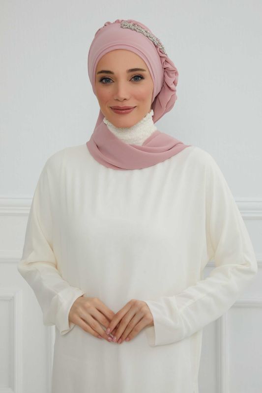 Yandan Fırfırlı Taş Aksesuarlı Şifon Hazır Türban,HT-100,HT-100 Pudra - 1