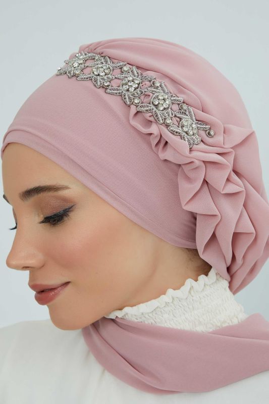 Yandan Fırfırlı Taş Aksesuarlı Şifon Hazır Türban,HT-100,HT-100 Pudra - 4