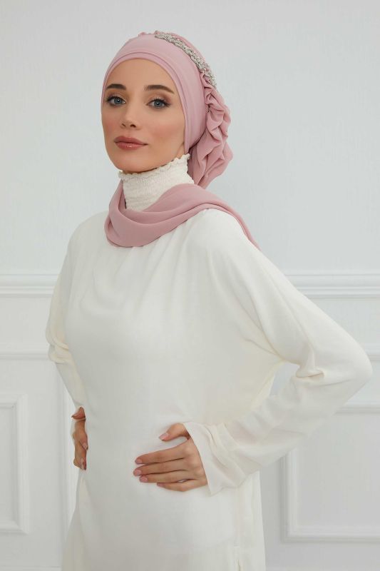 Yandan Fırfırlı Taş Aksesuarlı Şifon Hazır Türban,HT-100,HT-100 Pudra - 6