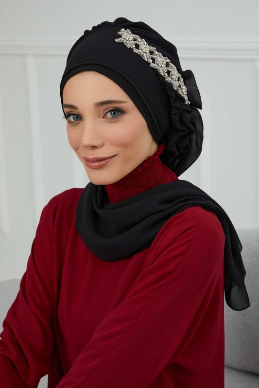 Yandan Fırfırlı Taş Aksesuarlı Şifon Hazır Türban,HT-100,HT-100 Siyah - 1